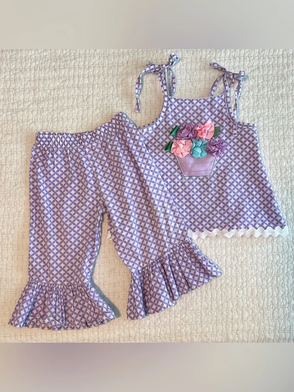 Mud Pie Lavender Geometric Tank & Ruffle Pants Set with Floral Pocket